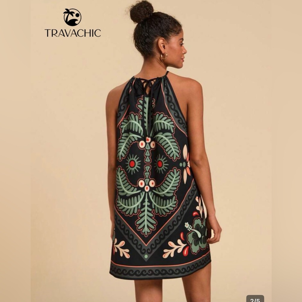 SHEIN Black Halter Neck Floral Print Mini Dress - Picture 3 of 5